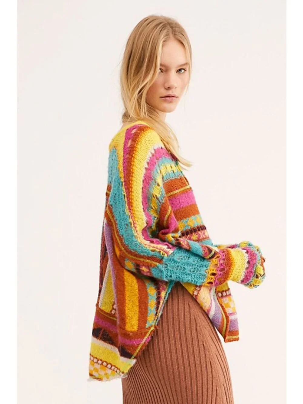 NWT Free People Bright Multicolored Knit Poncho Sweater M| Boho Whimsigoth Indie - Picture 11 of 16
